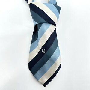 Vintage Christian Dior‎ Men's Striped Silk Tie Blue Cream Navy Formal Business